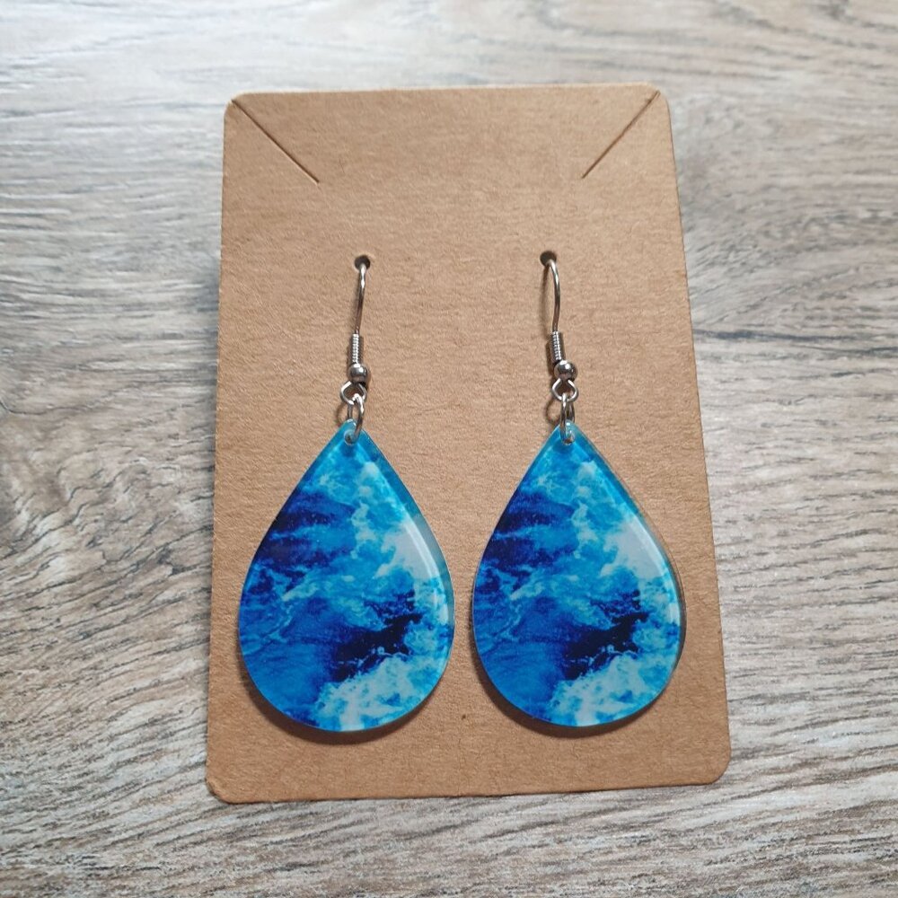 Women Blue Ocean Inspired Teardrop Earrings Boho Beach Core Gift Silver Hooks
